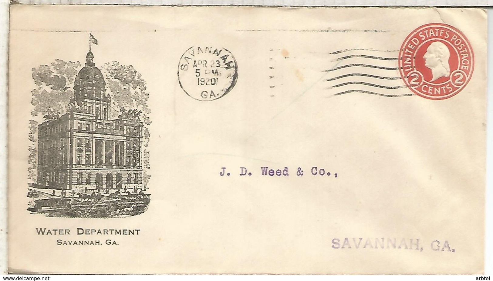 ESTADOS UNIDOS USA 1920 SAVANNAH ENTERO POSTAL WATER DEPARTMENT AGUA - Minerali