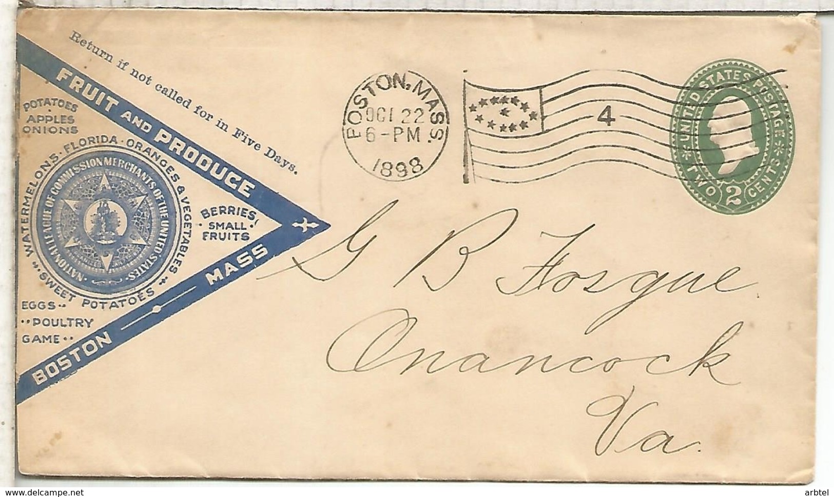 ESTADOS UNIDOS USA 1898  BOSTON ENTERO POSTAL FRUTAS VERDURAS FRUIT - Frutas