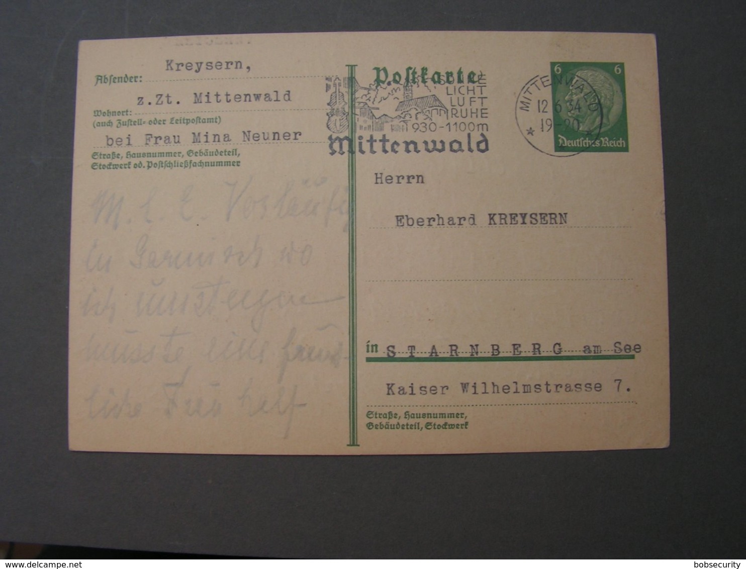 Mittenwald SST Auf Karte Nach Starnberg 1934 - Other & Unclassified