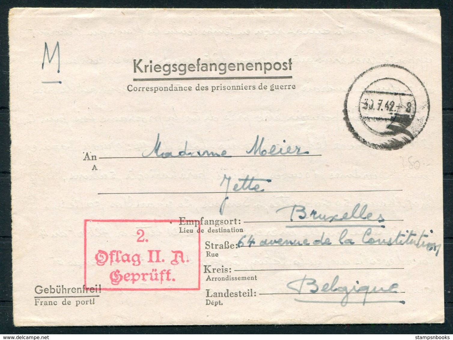 1942 Germany Kriegsgefangenpost POW Stalag II-A Censor - Bruxelles Belgium. Belgian Officer (Captain) Prisoner Of War - Covers & Documents