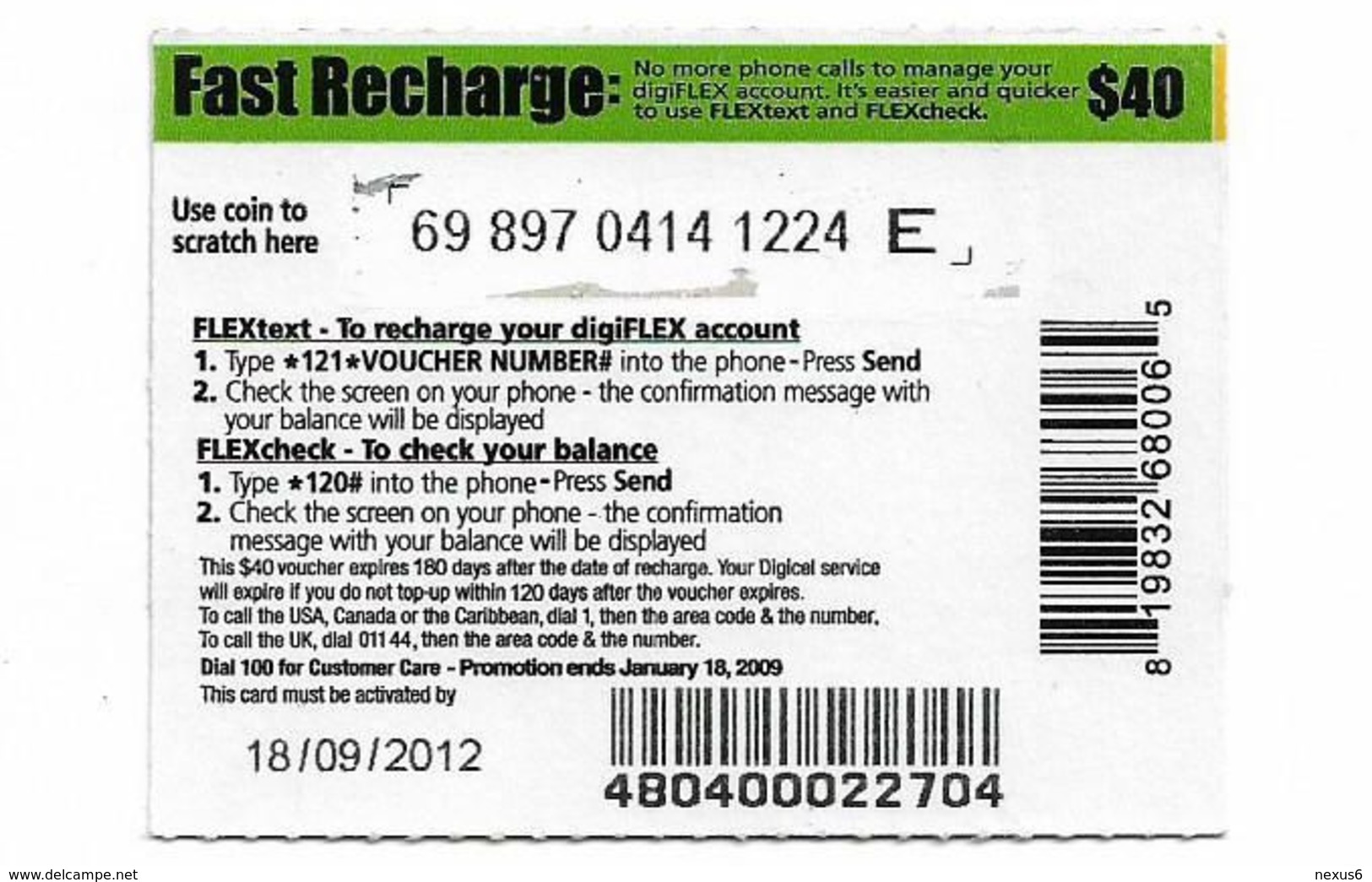 Grenada - Digicel - Flex Card, Make Your Christmas Wishes, Smaller Size GSM Refill 40EC$, Exp. 18.09.2012, Used - Grenada (Granada)