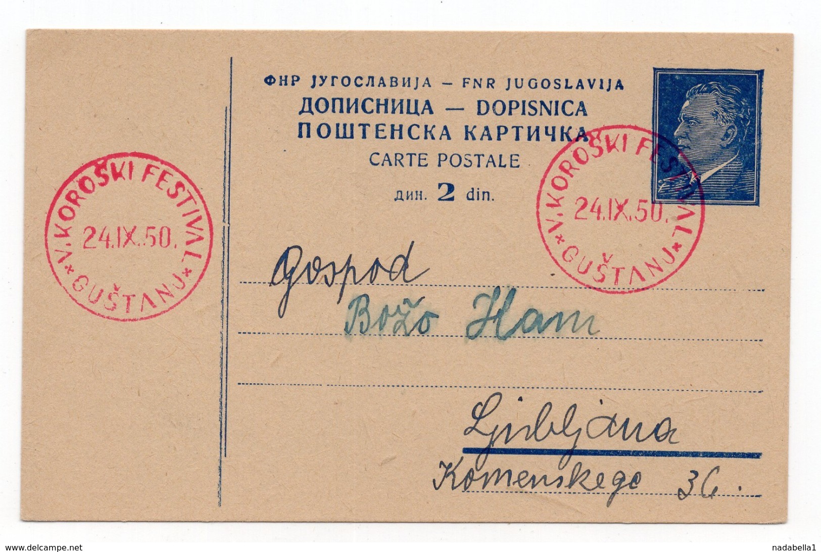 1950 YUGOSLAVIA, SLOVENIA, KOROSKI FESTIVAL, GUSTANJ TO LJUBLJANA, TITO, STATIONERY CARD, USED - Entiers Postaux