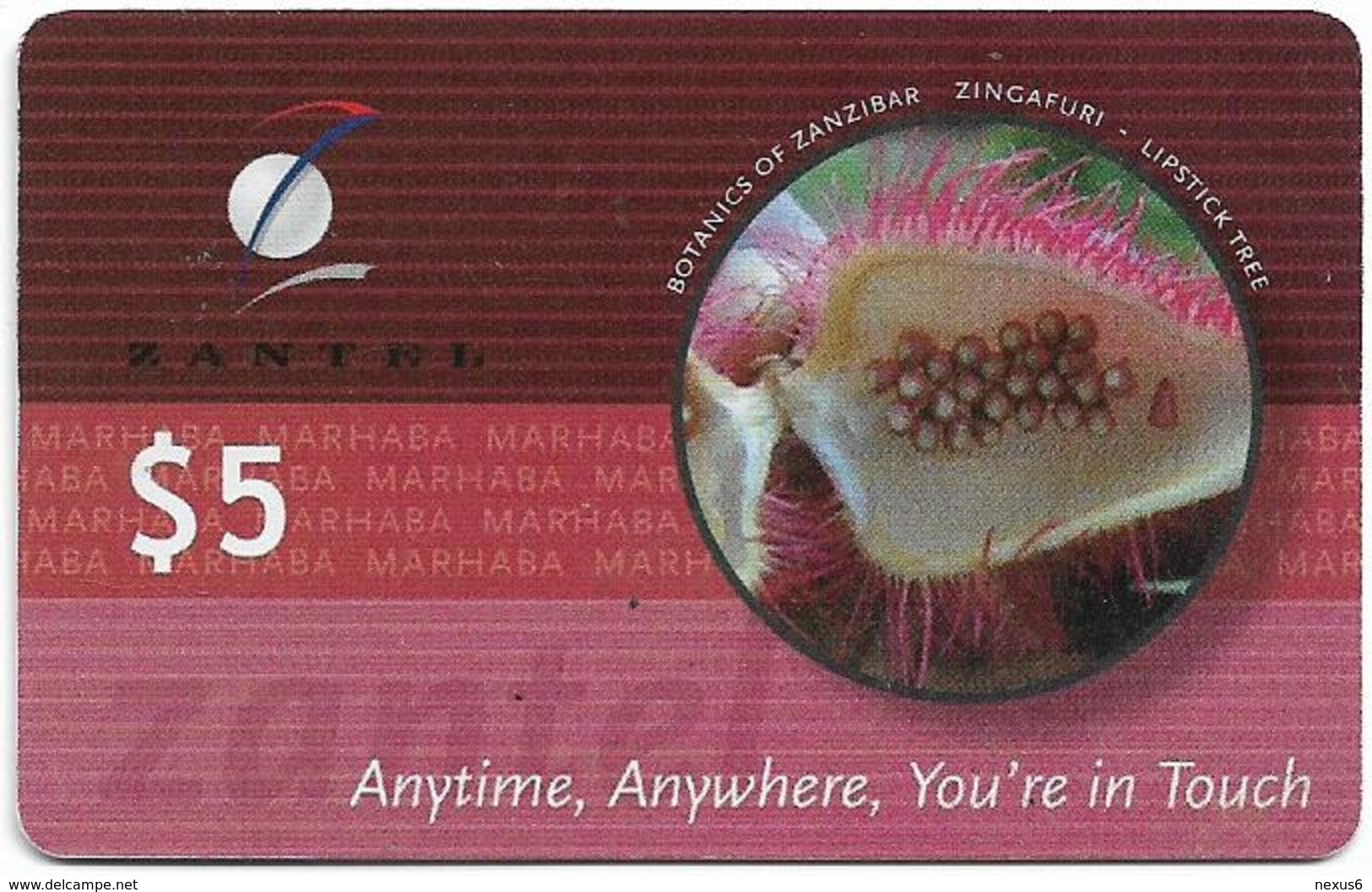 Zanzibar - Zantel - Botanics Of Zanzibar, Lipstick Tree, Soft Thin Plastic Matt Surf. GSM Refill 5$, 2001, Used - Tanzania