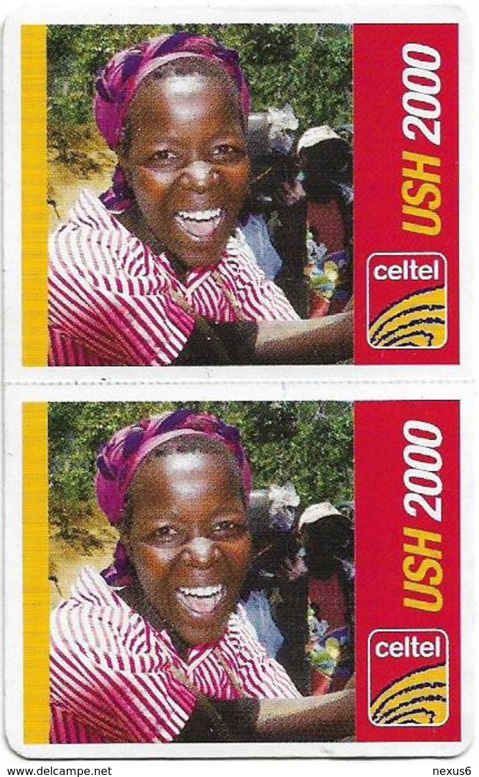 Uganda - Celtel - Smiling Young Girl (2 UNCUT Half Size Cardboard Cards), GSM Refill 2.000Ush, Exp.30.04.2009, Used - Oeganda