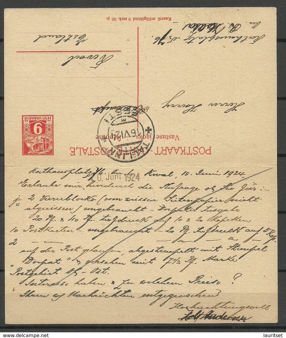 Estland Estonia 1924 Postal Stationery Ganzsache With Response Part Used To Germany Leipzig - Estland