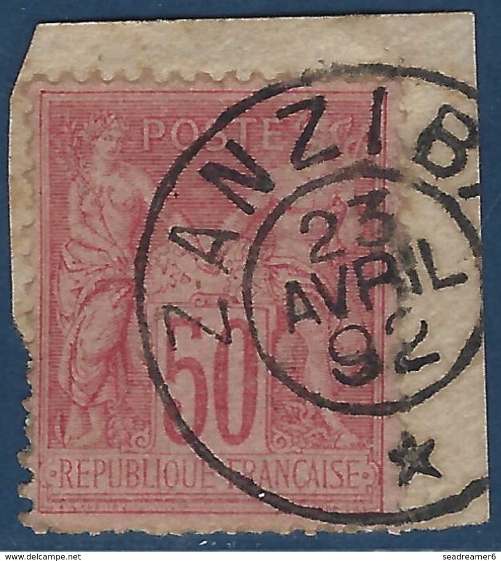 France Colonies Zanzibar Fragment Sage 50 Rose Sur Rose Obl Dateur De Zanzibar Avr 1892 TTB - Used Stamps