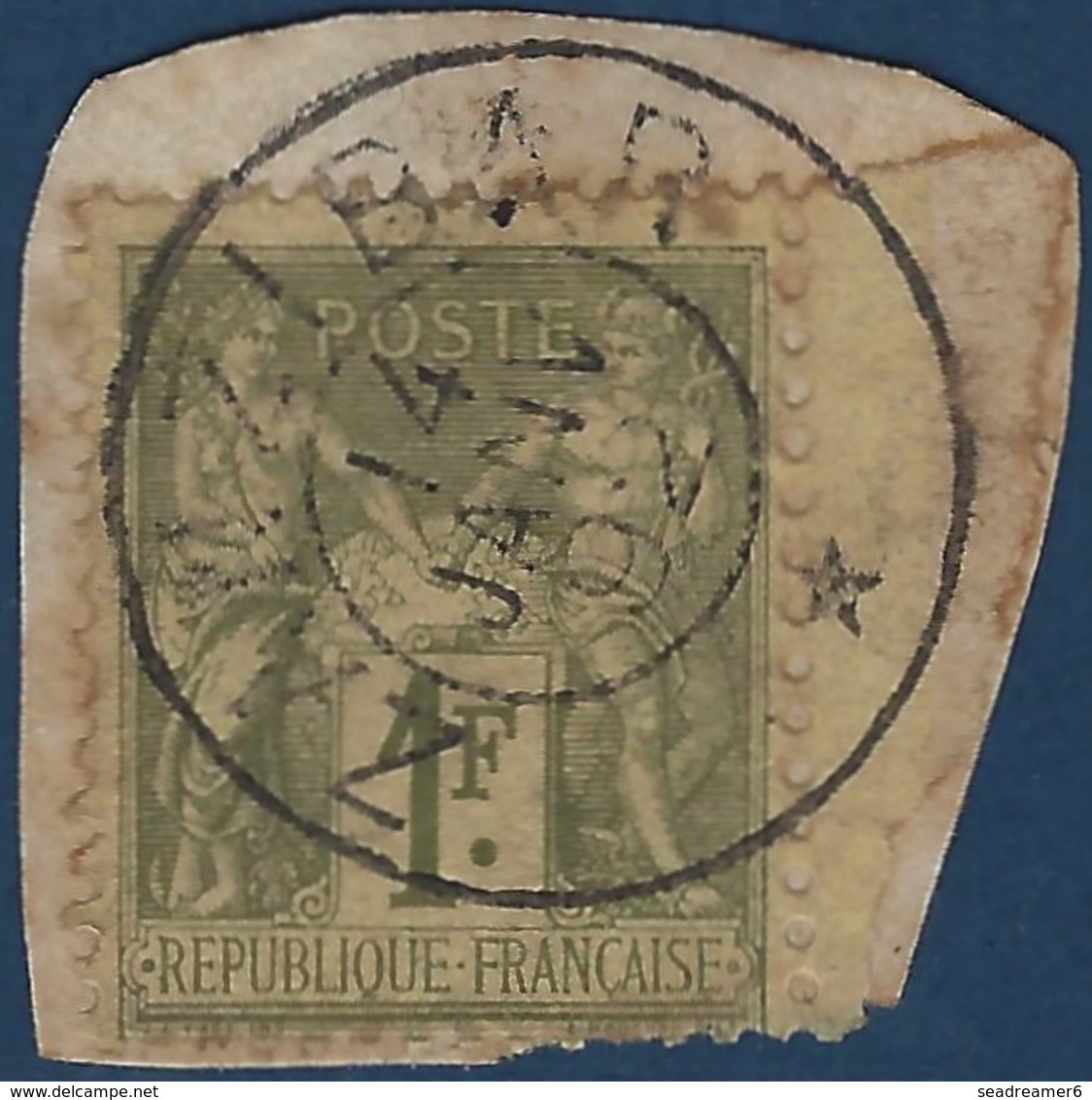 France Colonies Zanzibar Fragment Sage 1fr Vert Bronze Obl Dateur De Zanzibar Janv 1892 TTB - Gebraucht