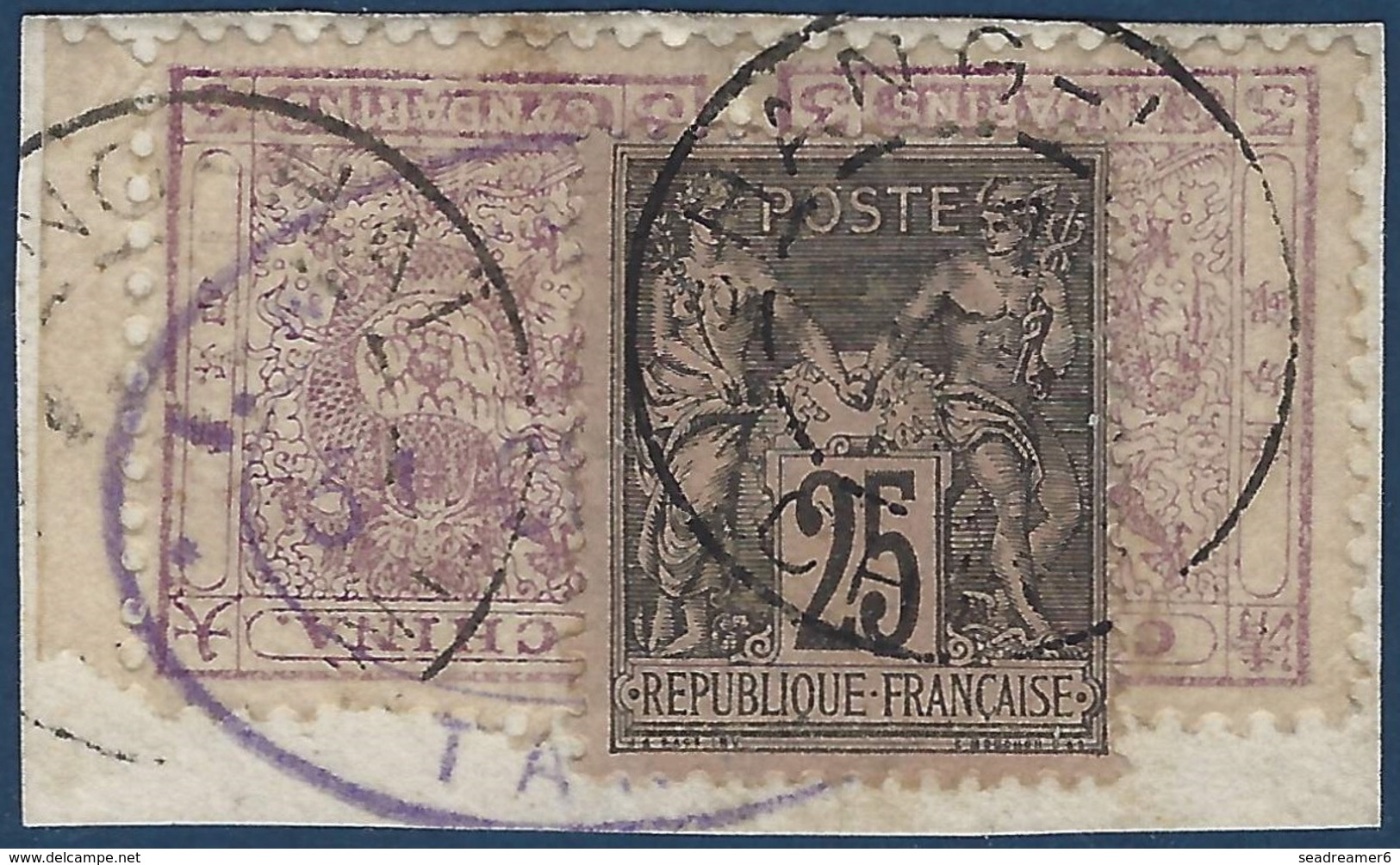 France Colonies Mixte Chine Fragment Sage 25c Rose + 2 Petits Candarins 3c Violet Grand Cachet Customs RRR - Usados