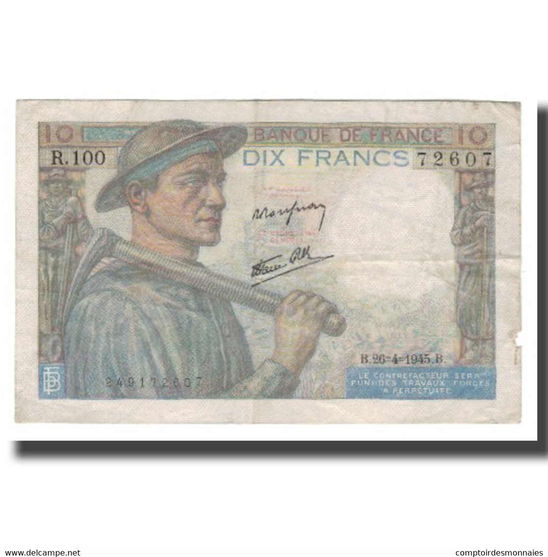France, 10 Francs, 1945, 1945-04-26, TTB, Fayette:08.14, KM:99e - 10 F 1941-1949 ''Mineur''