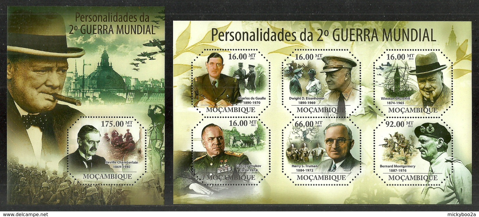 MOZAMBIQUE 2011 MILITARY WORLD WAR II CHURCHILL DE GAULLE SET 2 M/SHEETS MNH - Mozambique