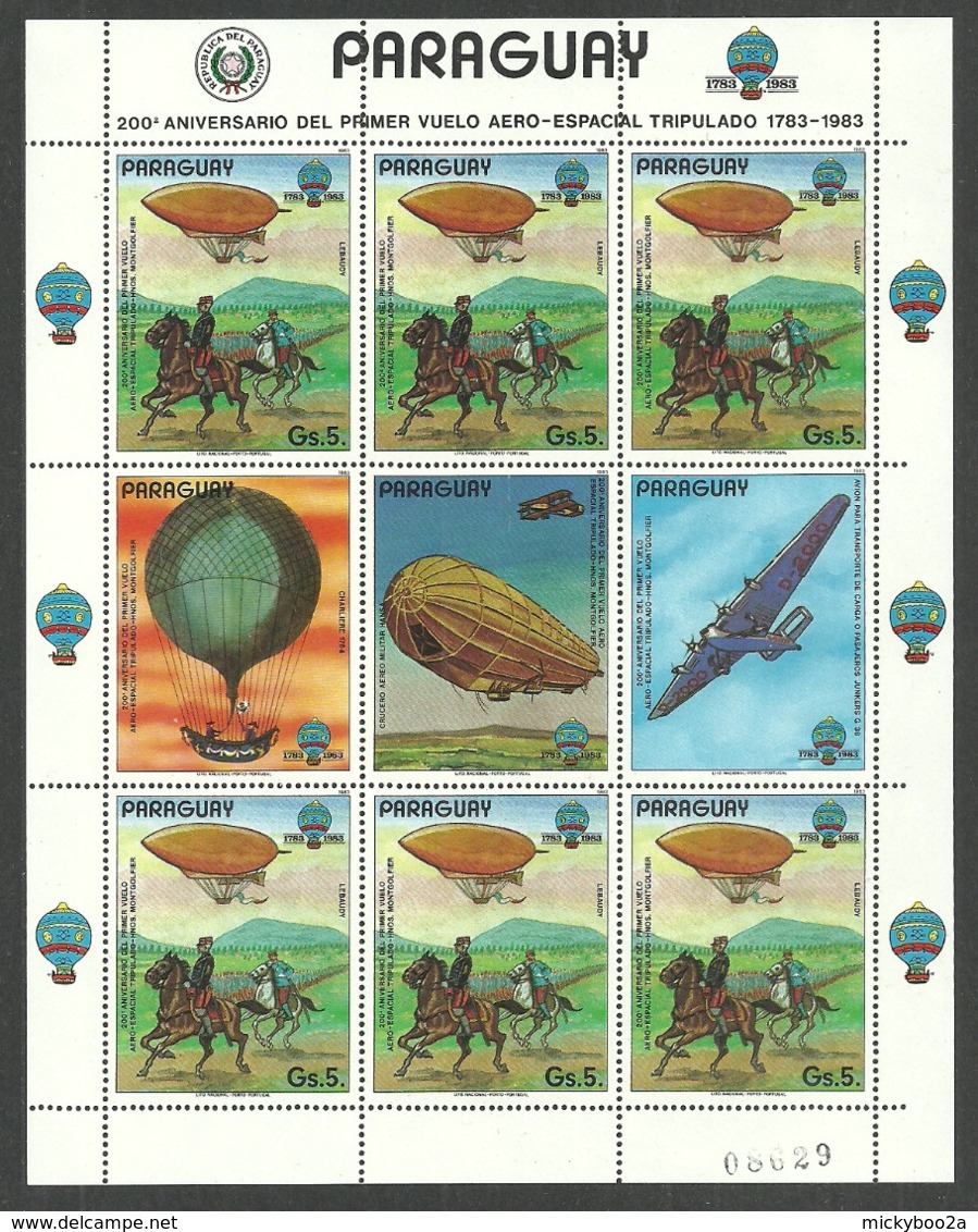 PARAGUAY 1984 AIRCRAFT MANNED FLIGHT OMNIBUS BALLOONS AIRSHIPS HORSES SHEET MNH - Paraguay