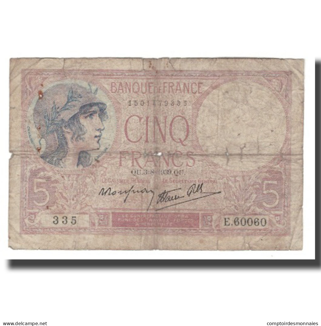 France, 5 Francs, 1939, 1939-08-03, B+, Fayette:04.04, KM:83 - 5 F 1917-1940 ''Violet''