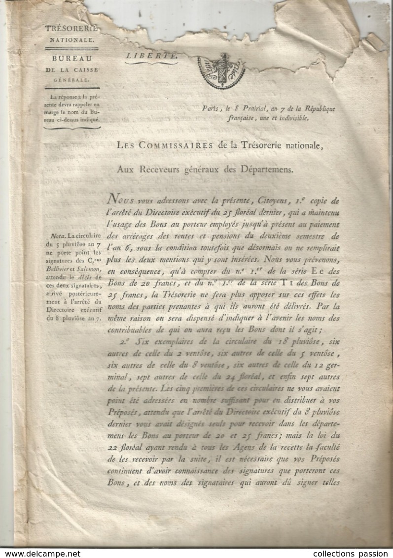 JC , Trésorerie Nationale, AN 7, 1798, Arrêté Du Directoire: Usage Bons Au Porteur De 20 Et 25 Francs , Frais Fr 1.95 E - Décrets & Lois