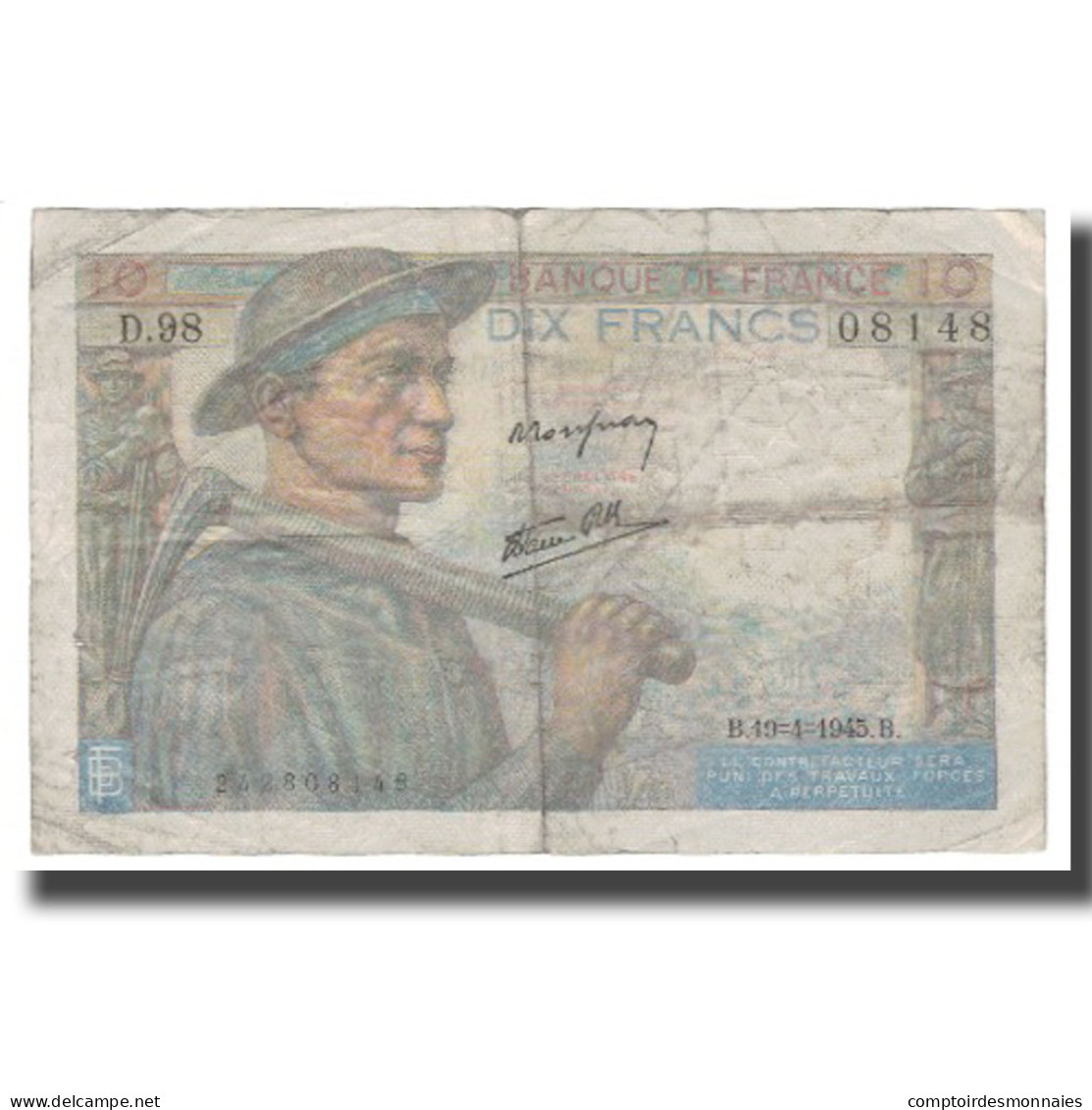 France, 10 Francs, 1945, 1945-04-19, TB, Fayette:08.13, KM:99b - 10 F 1941-1949 ''Mineur''