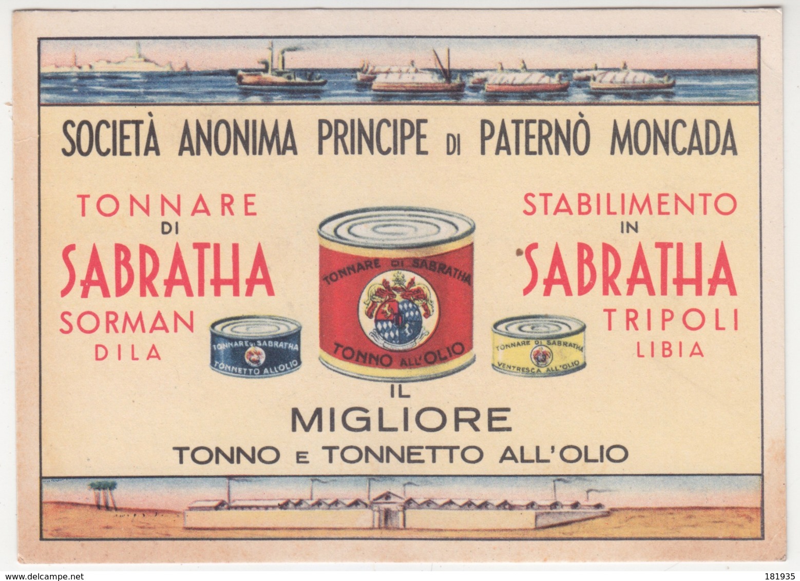 Card Cartolina Pubblicitaria "Societa'Principe Di Paterno Moncada"-Tonnare Di Sabratha"nonViaggiata Italy Italia - Sonstige & Ohne Zuordnung