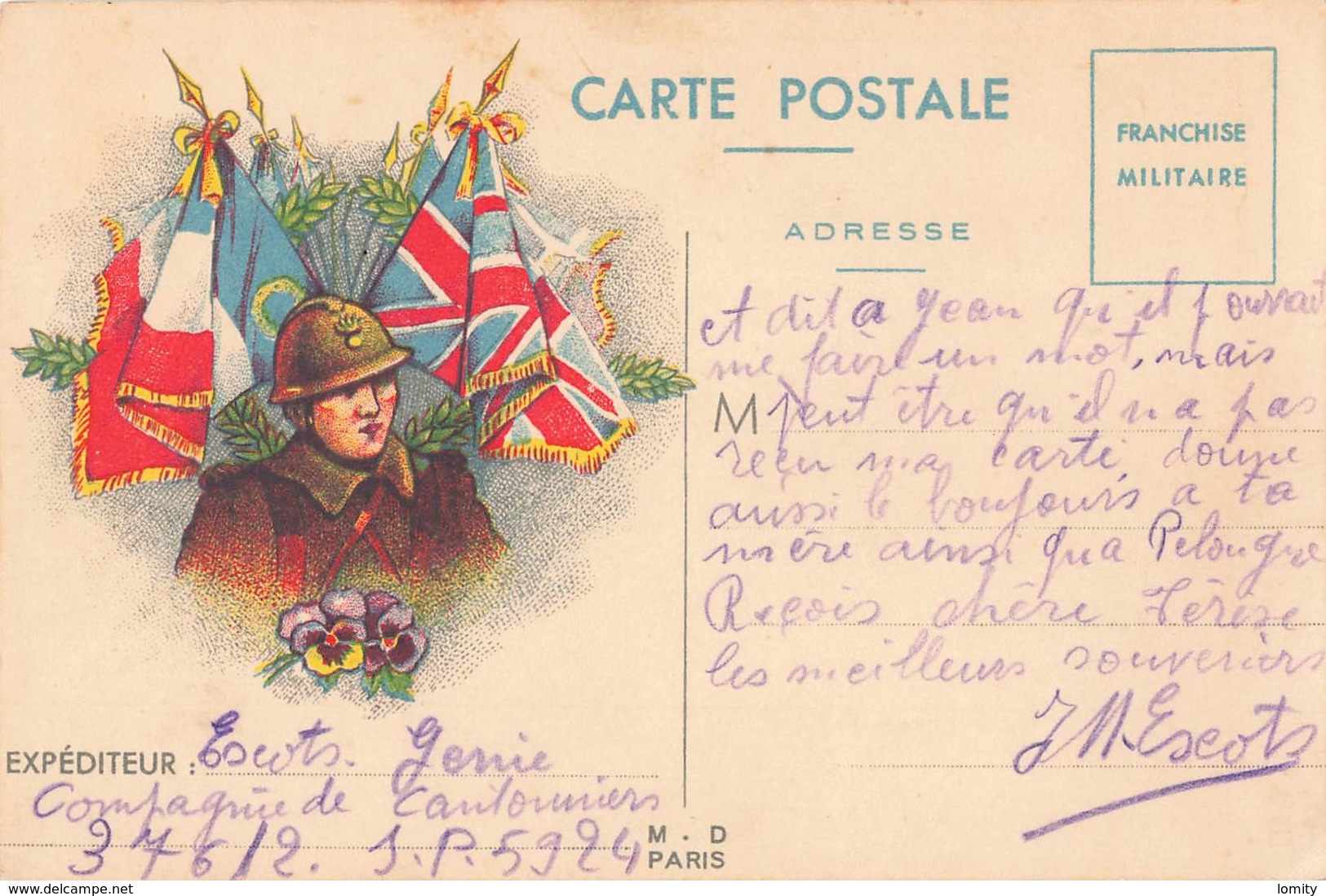 Guerre 1939 1945 Carte Postale Franchise Militaire Illustrée Soldat Pensées Drapeaux 1940 Compagnie De Cantonniers Génie - Guerre 1939-45