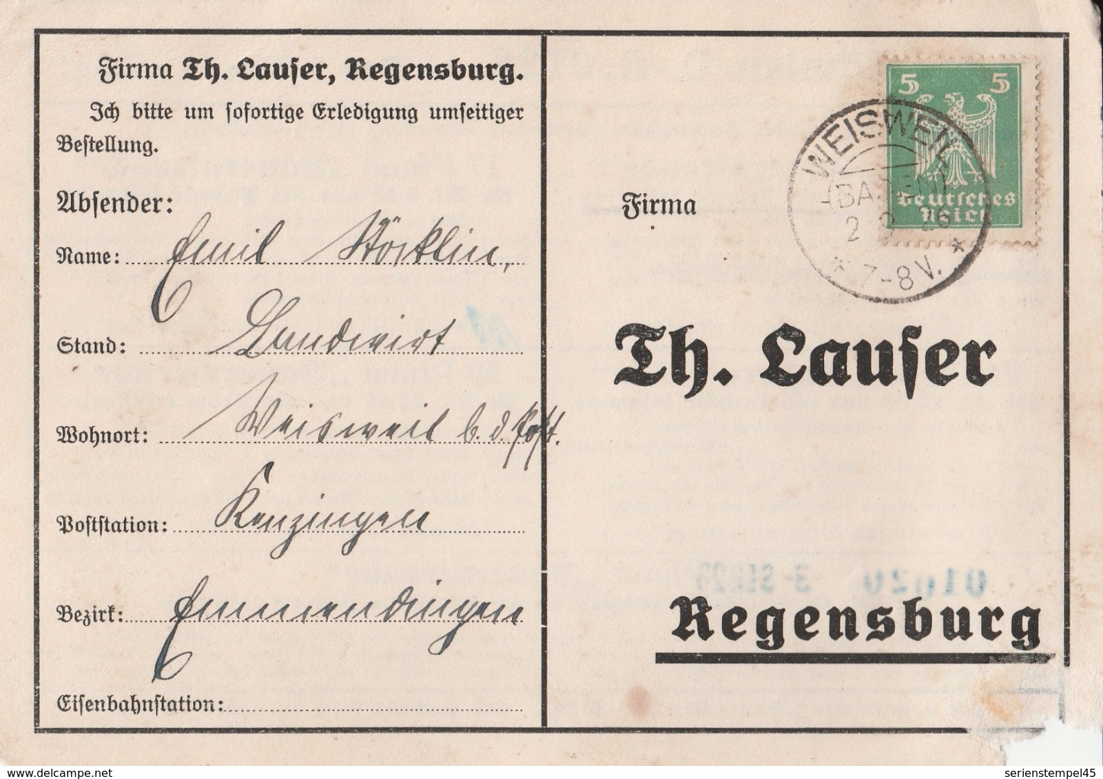 Deutsches Reich Karte Mit Tagesstempel Weisweil Baden 1926 KOS Stempel - Briefe U. Dokumente