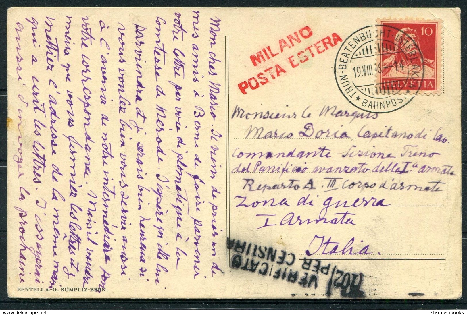 1916 Eichbuhl Hunibach Pres Thoune Postcard. Thun Beatenbucht Interlaken Bahnpost Railway - Italy Italian Army. Censor 2 - Covers & Documents
