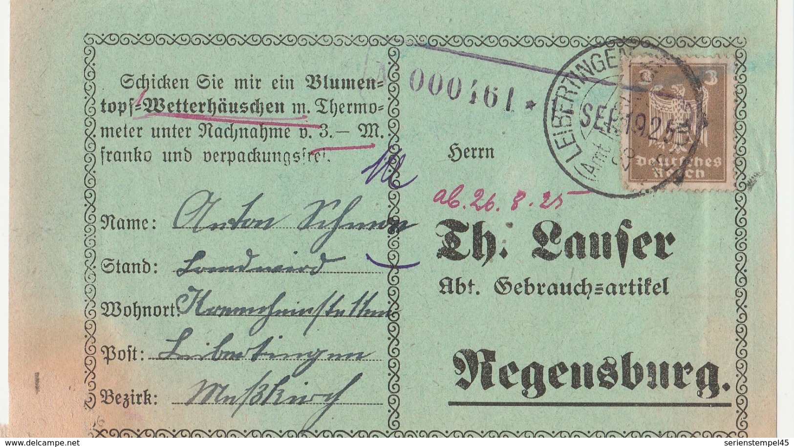 Deutsches Reich Karte Mit Tagesstempel Leibertingen Amt Meßkirchen 1925 KOS Stempel - Briefe U. Dokumente