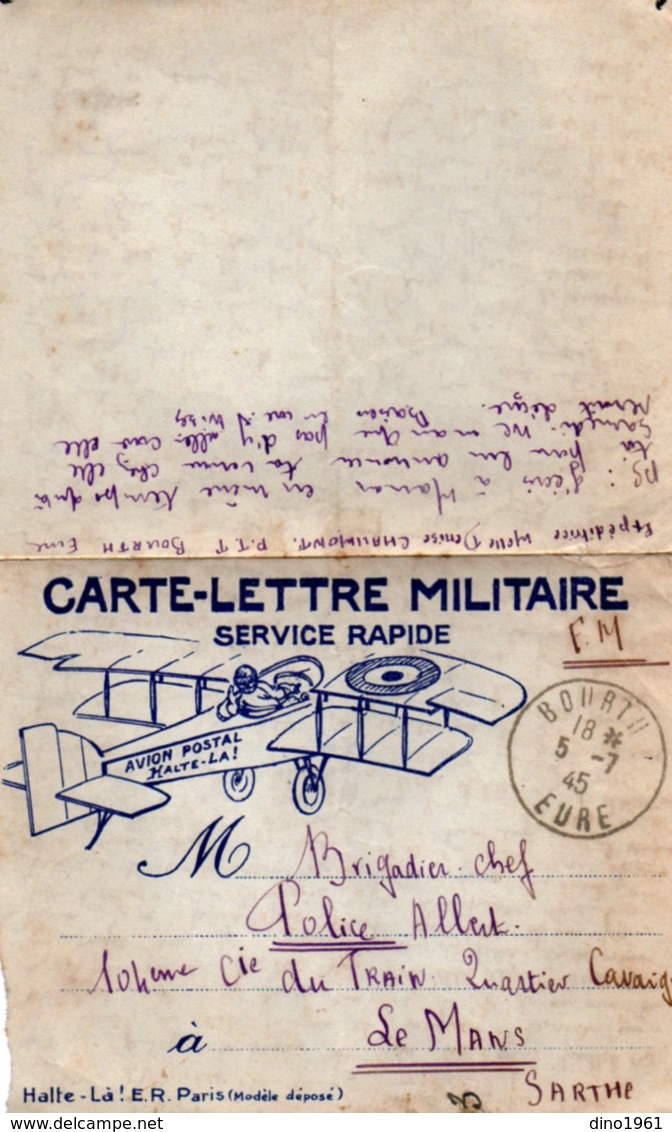 TB 2673 - MILITARIA - Rare - Carte - Lettre En Franchise Militaire - Avion Postal Halte - La ! -  BOURTH Pour LE MANS - Guerre De 1939-45