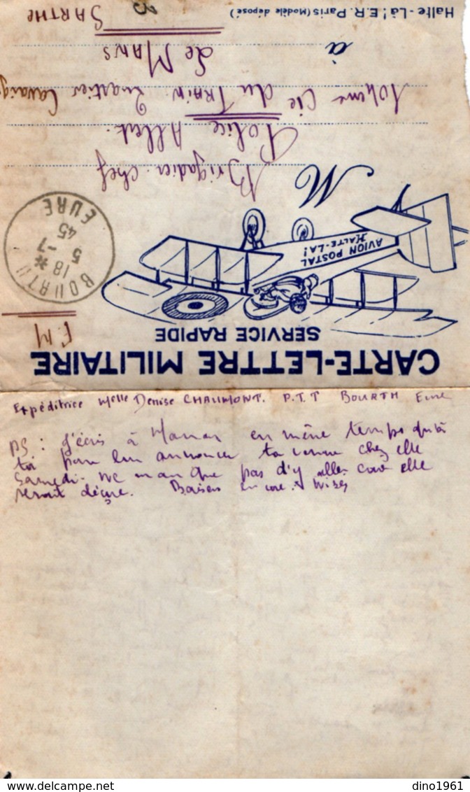 TB 2673 - MILITARIA - Rare - Carte - Lettre En Franchise Militaire - Avion Postal Halte - La ! -  BOURTH Pour LE MANS - Guerre De 1939-45