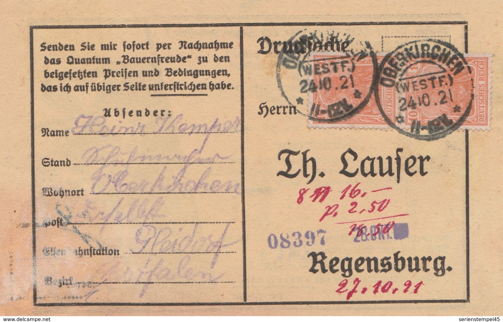 Deutsches Reich Karte Mit Tagesstempel Oberkirchen Westf. 1921 KOS Stempel - Lettres & Documents