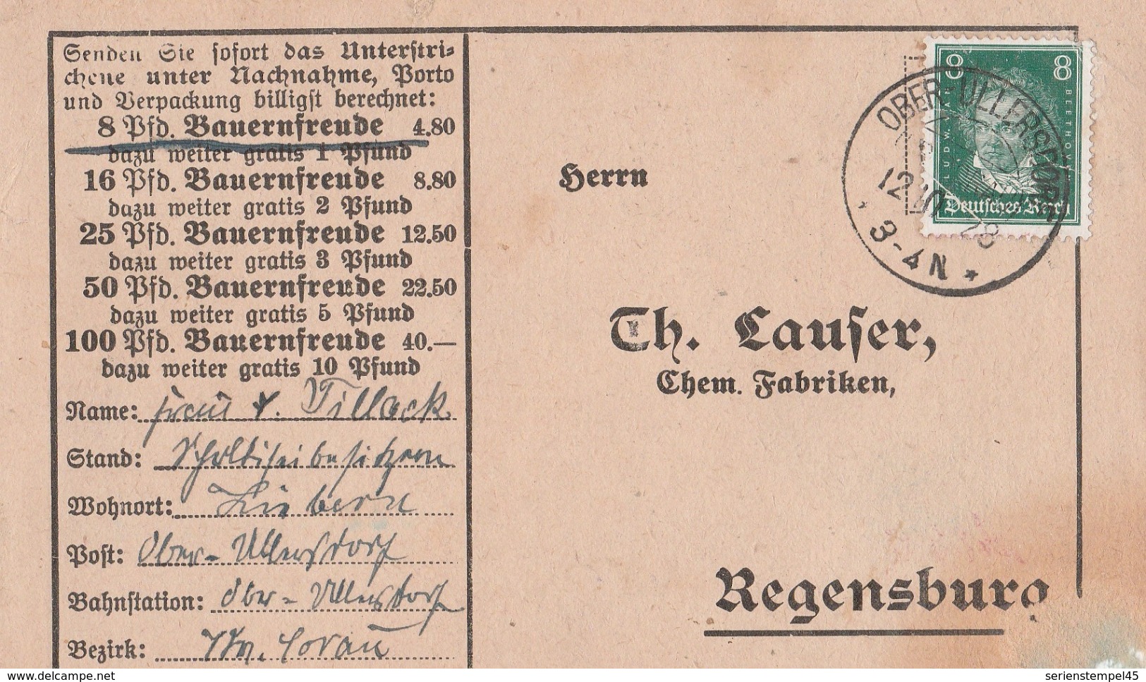 Deutsches Reich Karte Mit Tagesstempel Ober Ullersdorf Kr Sorau 1928 KOS Stempel - Briefe U. Dokumente