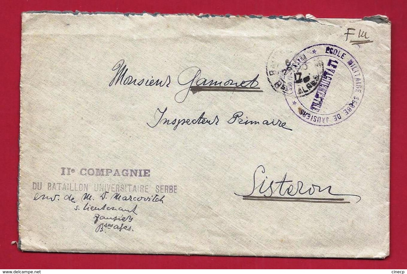 Enveloppe Militaire IIè Compagnie Bataillon Universitaire Serbe Ecole De Jausiers Tàd 1917 à M. Gamonet Inspecteur - 1. Weltkrieg 1914-1918