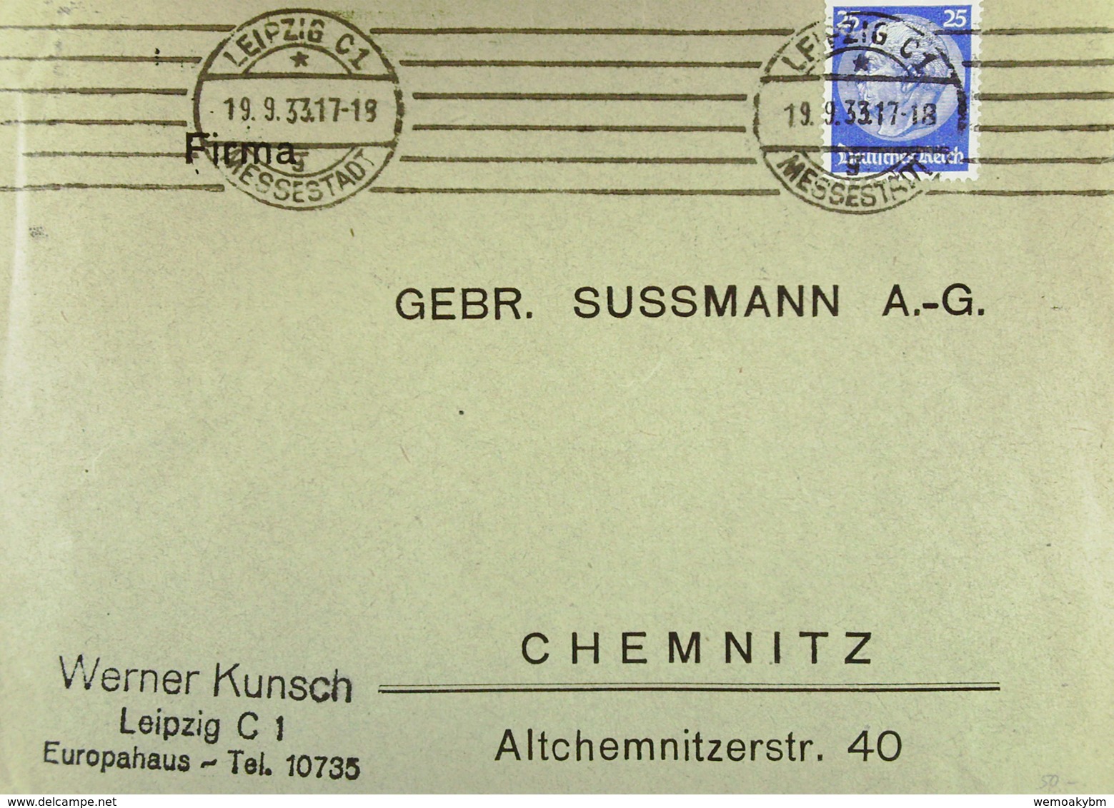 DR Bis 32: Doppel-Brief Mit 25 Pf Hindenburg Wz. Waffeln MWSt. Aus Leipzig Vom 19.9.33 Knr: 471 - Briefe U. Dokumente