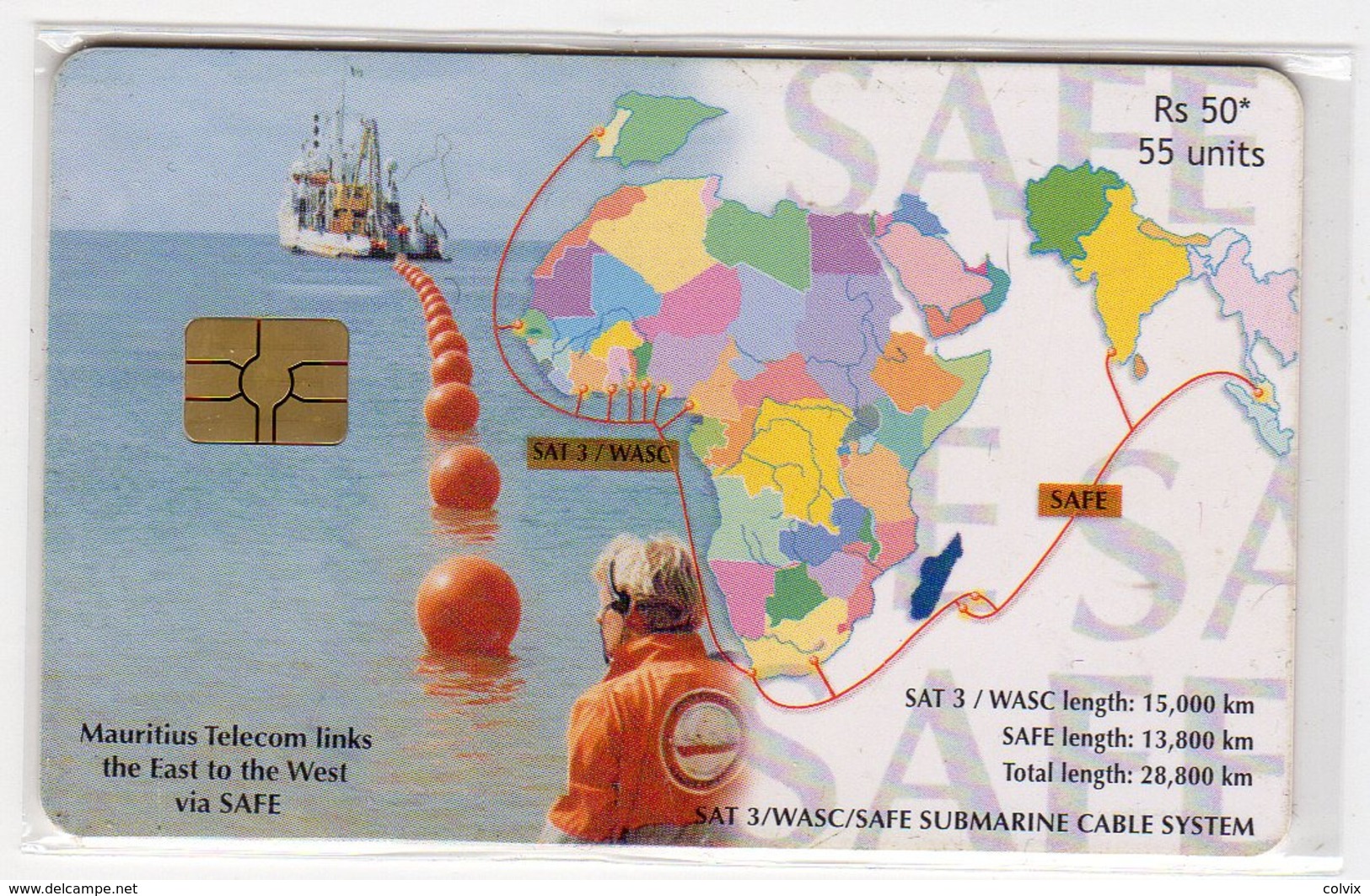 MAURICE Ref MV Cards : MAU-51 55U SAT-3-SAFE 50 000 Ex Année 2002 - Mauritius