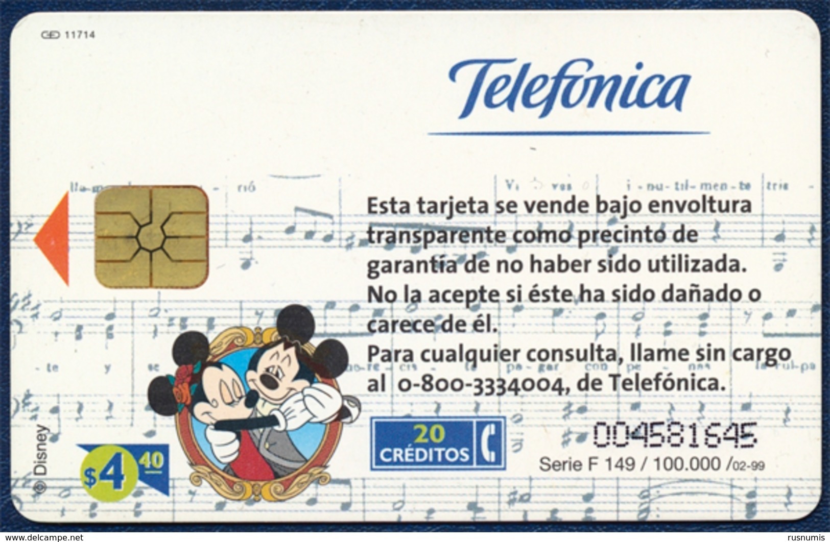 ARGENTINA - ARGENTINE - ARGENTINIEN TELEFONICA 20 UNITS CHIP PHONECARD TELECARTE DISNEY MICKEY MOUSE VERY GOOD - Argentina