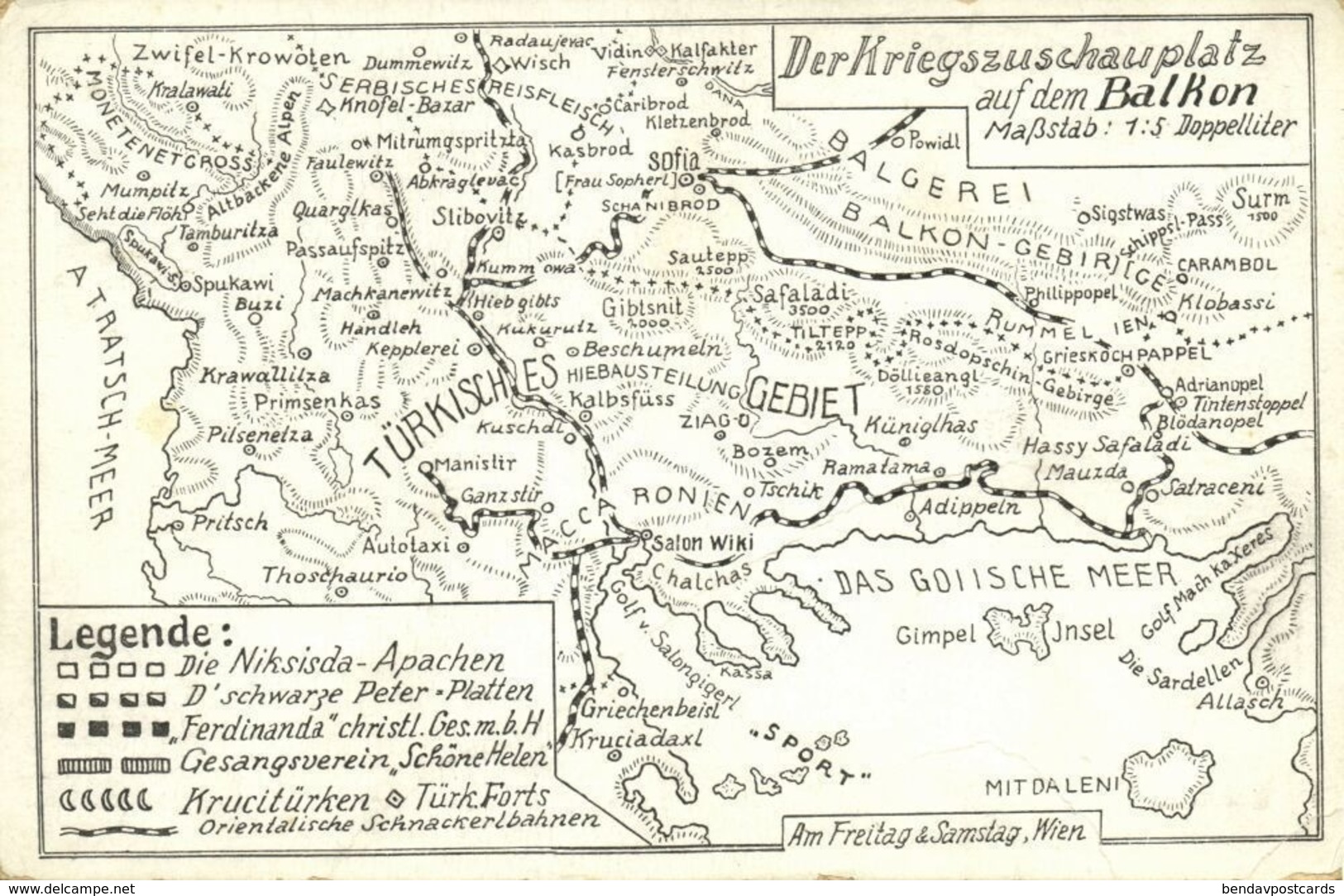 Caricature Balkan War Scene Map Postcard, Ottoman Turkey (1910s) - Turkey