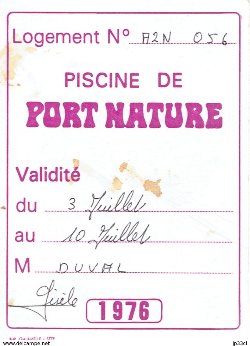 Naturisme : Ancien Ticket D'entrée Au Club Nature Et à La Piscine De Port Nature, Cap D'Agde (Juillet 1976) - Tickets D'entrée