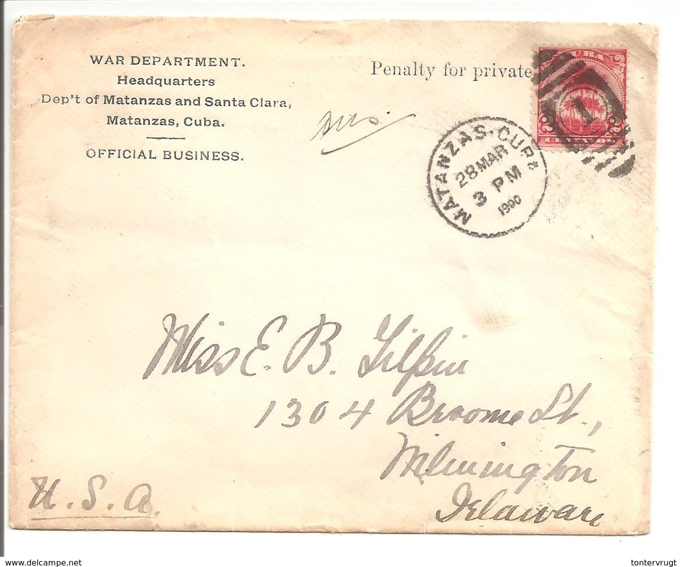 Cover 28.3.1900-WAR DEPARTMENT.Headquaters Dep't Of Matanzas And Santa Clara.Matanzas OFFICIAL BUSINESS To U.S. - Cartas & Documentos