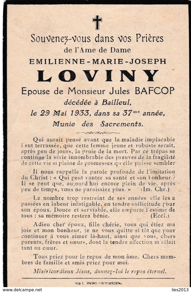 Bailleul, 1933, Emilienne Loviny, Bafcop - Andachtsbilder