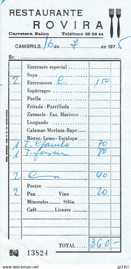 Factura Vieja Del Restaurante Rovira, Carretera Salou, Cambrils 16 De Julio 1975 - Spanje