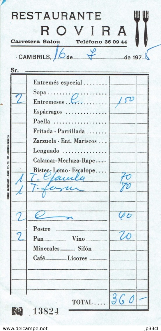Factura Vieja Del Restaurante Rovira, Carretera Salou, Cambrils 16 De Julio 1975 - Spain