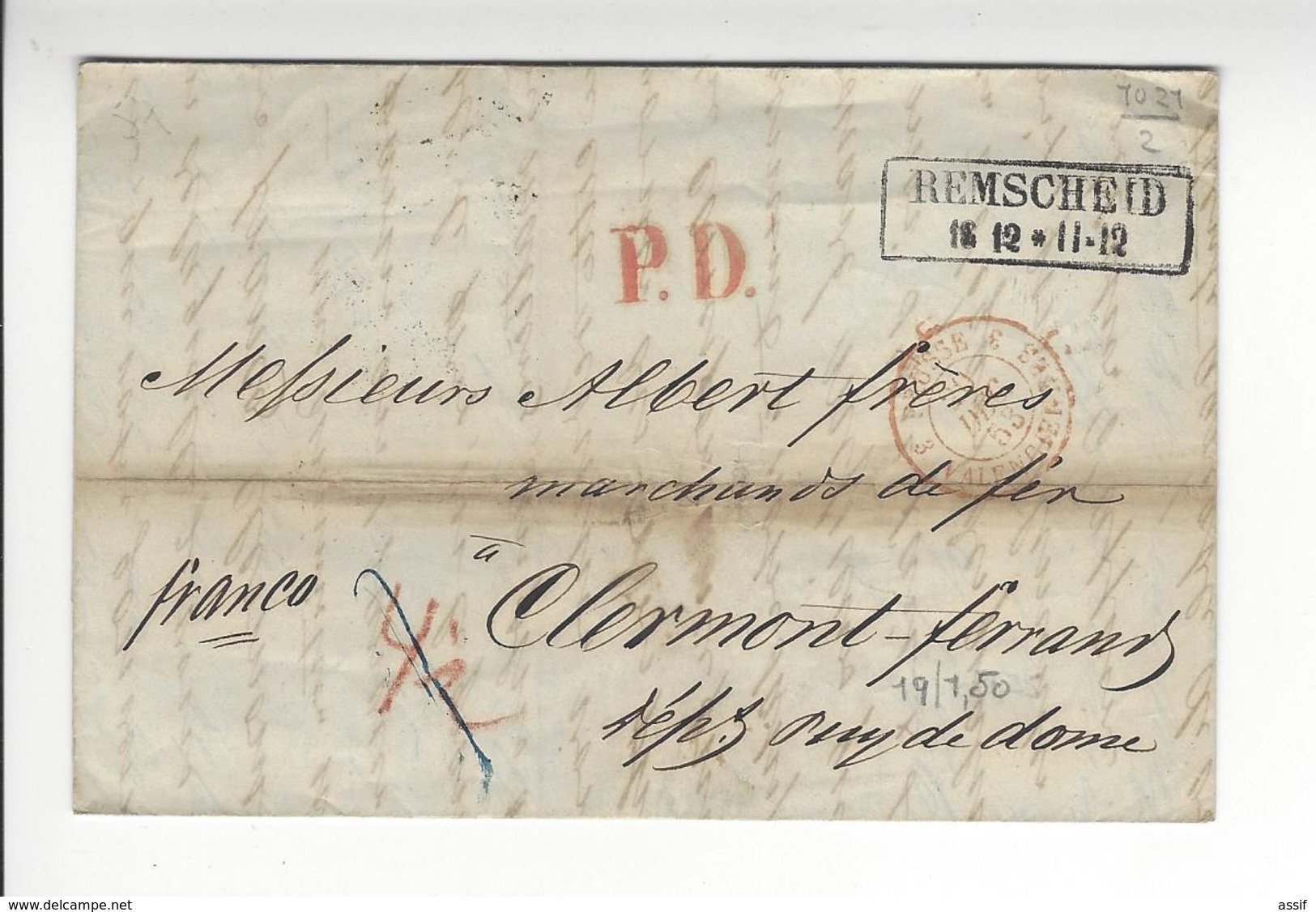 MARQUE ENTREE PRUSSE VALENCIENNES REMSCHEID 1853 POUR CLERMONT FERRAND /FREE SHIPPING REGISTERED - Marques D'entrées