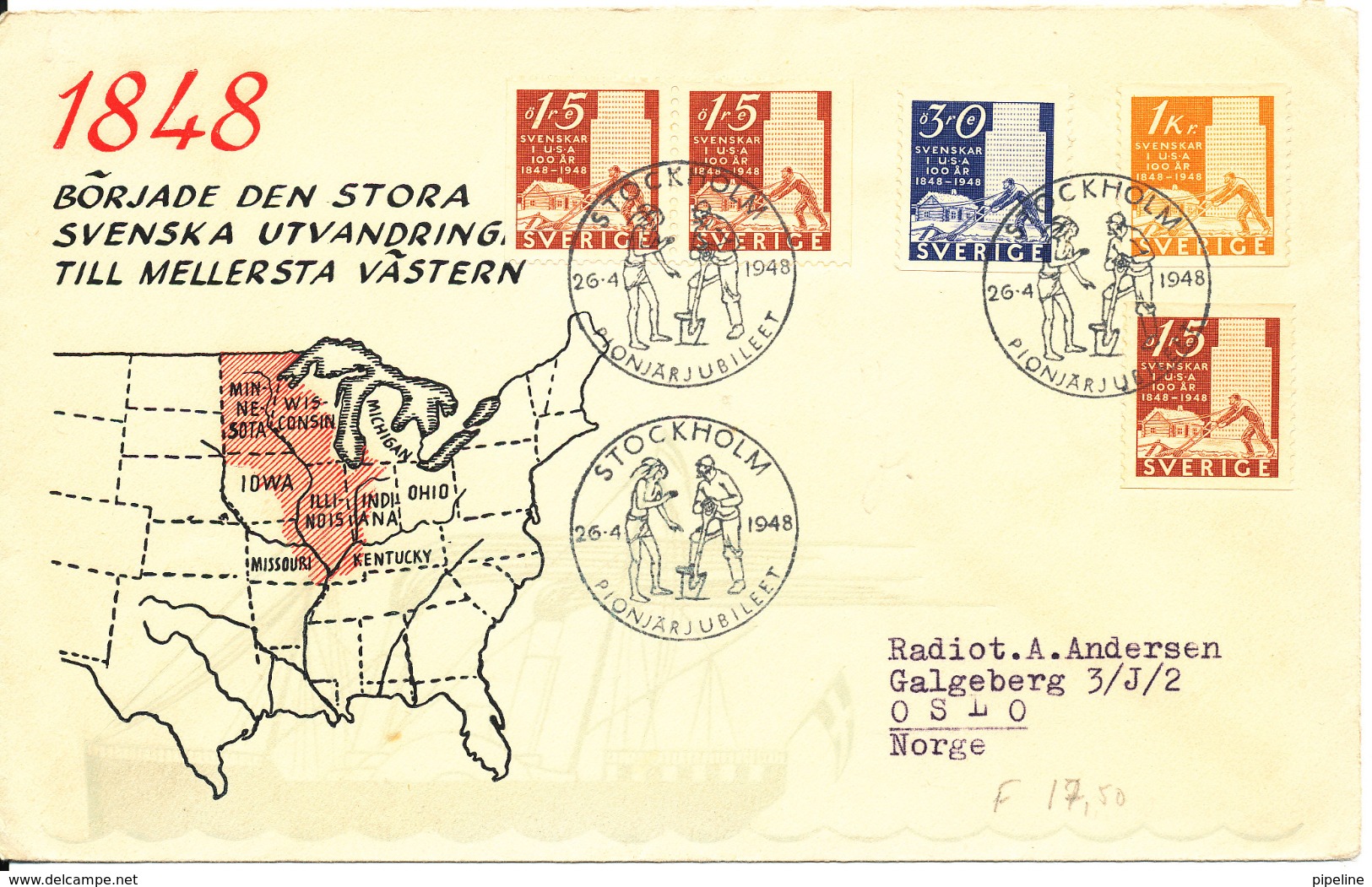 Sweden FDC 26-4-1948 The Emigration To America Complete Set Of 3 + 1 Pair With Very Nice Cachet - FDC