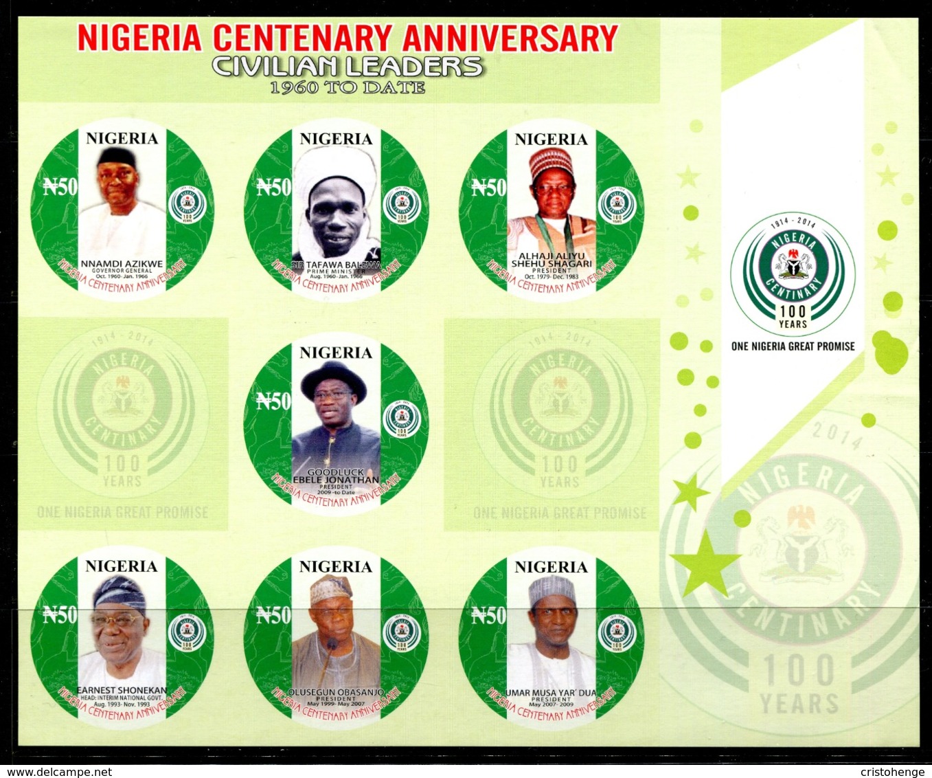 Nigeria 2014 Centenary Anniversary Imperf. Sheetlet MNH - Nigeria (1961-...)