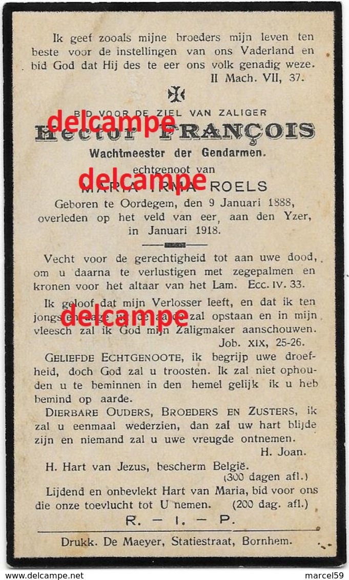 Oorlog Guerre Hector Francois Oorderen Rijkswacht Gendarm Gesneuveld Te Elverdinge 1918  Woonde Bornem Gendarmerie - Images Religieuses