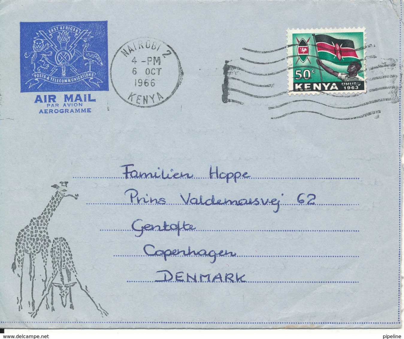 Kenya Aerogramme Sent To Denmark Nairobi 6-10-1966 Giraffe Cachet - Kenya (1963-...)