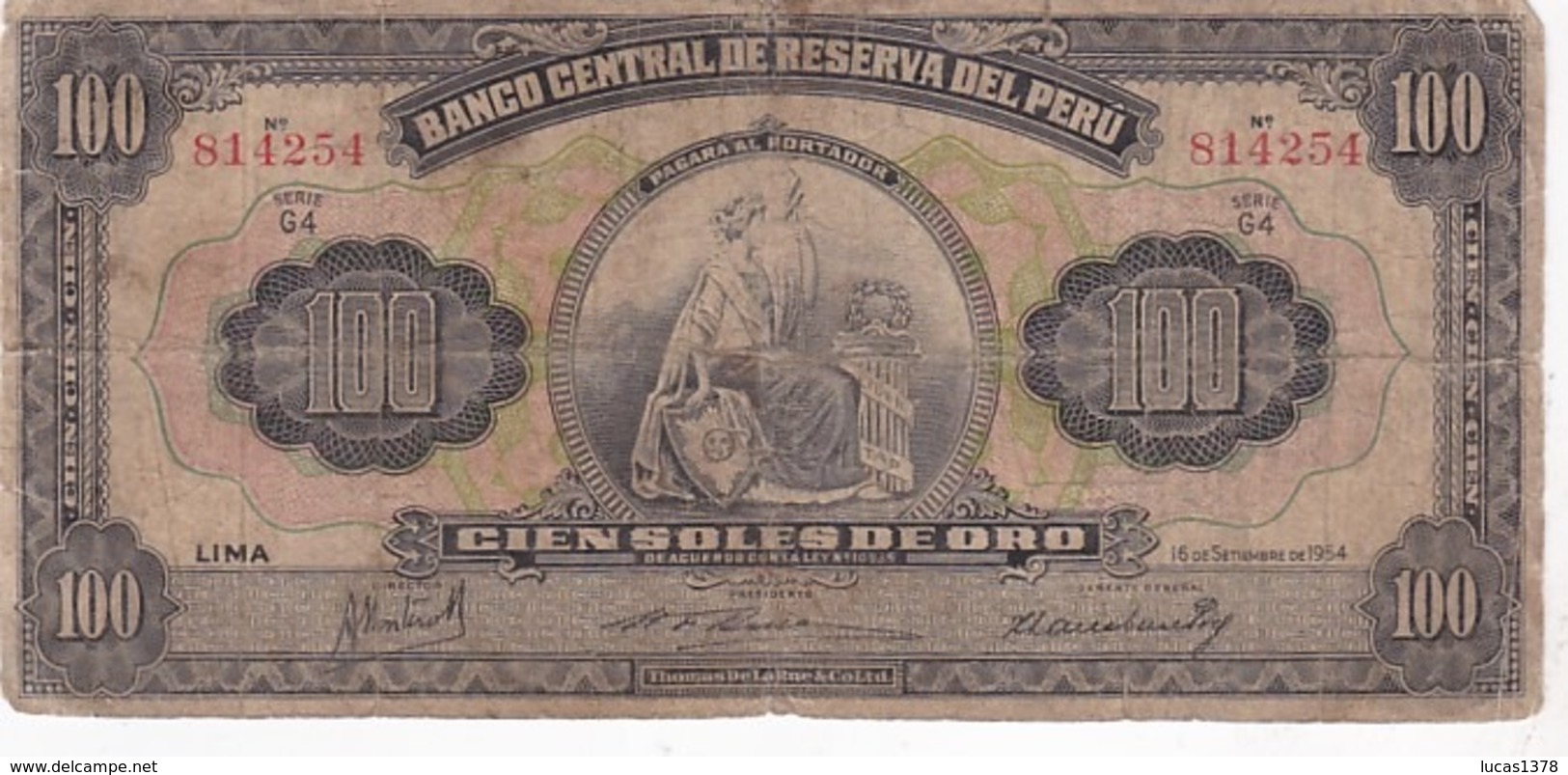 PEROU / 100 SOLS / 16 DE SETIEMBRE 1954 / SERIE G4 / RARE - Perú