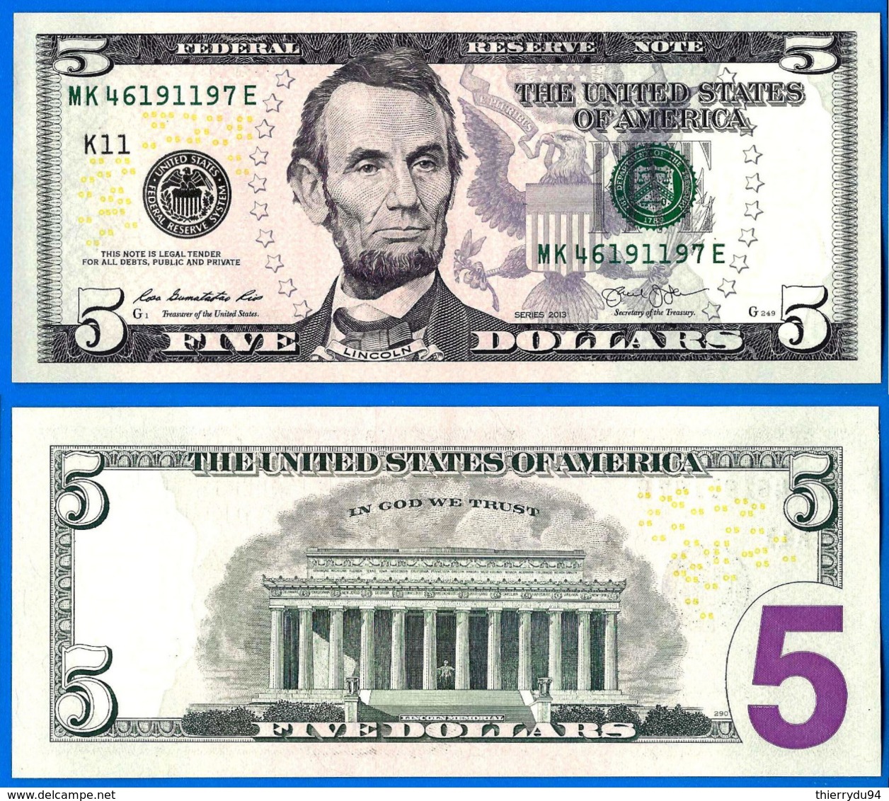 Usa 5 Dollars 2013 Neuf UNC Mint Dallas K11 Suffixe E Que Prix + Port Etats Unis United States Dollars US Skrill Paypal - United States Notes (1862-1923)