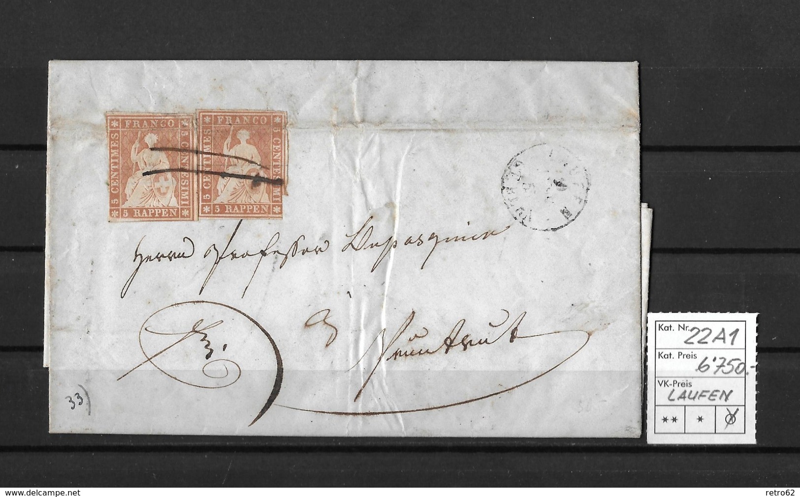 1854-1862 Helvetia (ungezähnt) → 1854 Faltbrief Laufen Nach Porrentruy    ►SBK-22A1 /zwei Einzelmarken ►Attest Renggli◄ - Storia Postale