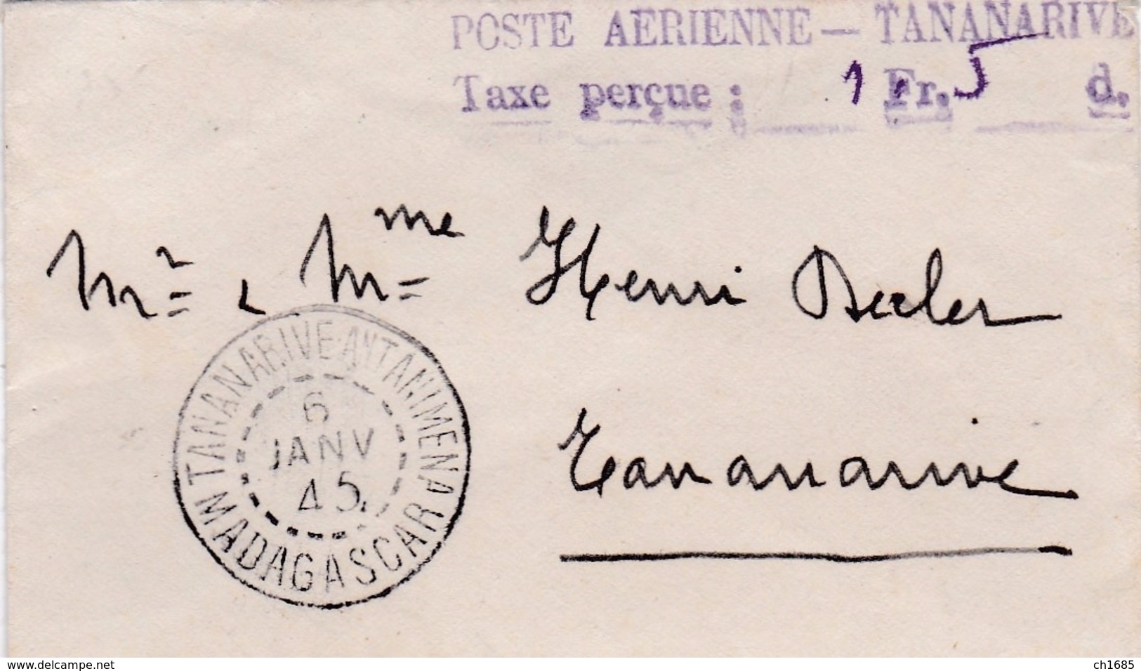 MADAGASCAR : Griffe " Poste Aérienne Taxe Perçue 1fr50 Sur Mignonette De Tananarive . Courrier Intérieur De 1945 - Lettres & Documents