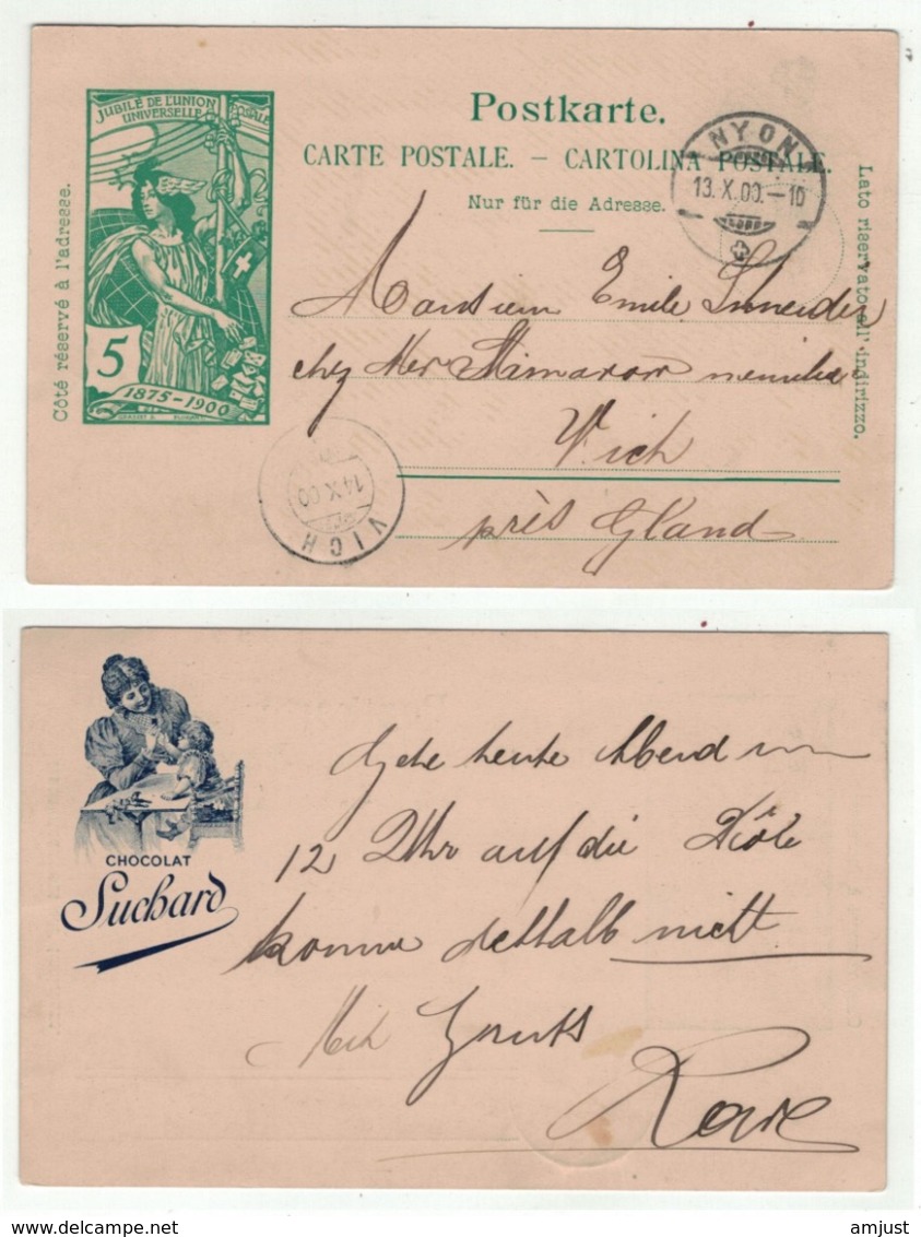 Suisse // Schweiz // Switzerland // Entier Postaux // Entier Postal Pour Vich Le 13.10.1900 (carte Suchard) - Entiers Postaux