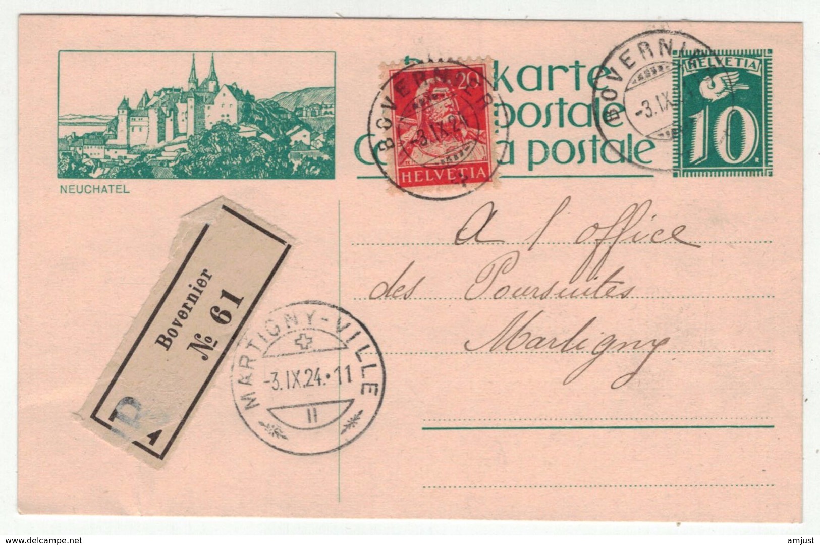 Suisse // Schweiz // Switzerland // Entier Postaux // LEntier Postal Recommandé Pour Martigny 3.09.1924 (image Neuchâtel - Entiers Postaux