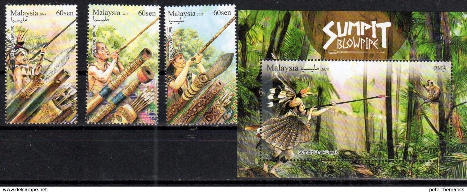 MALAYSIA, 2018, MNH,  BLOW-PIPES, WEAPONS, JUNGLE TRIBES, BIRDS, MONKEYS, 3v+S/SHEET - Autres & Non Classés