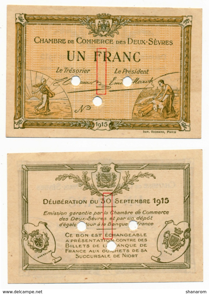 1914-1918 // C.D.C. // DEUX-SEVRES / NIORT // Septembre 1915 // SPECIMEN  // Un Franc // Sans Filigrane - Camera Di Commercio